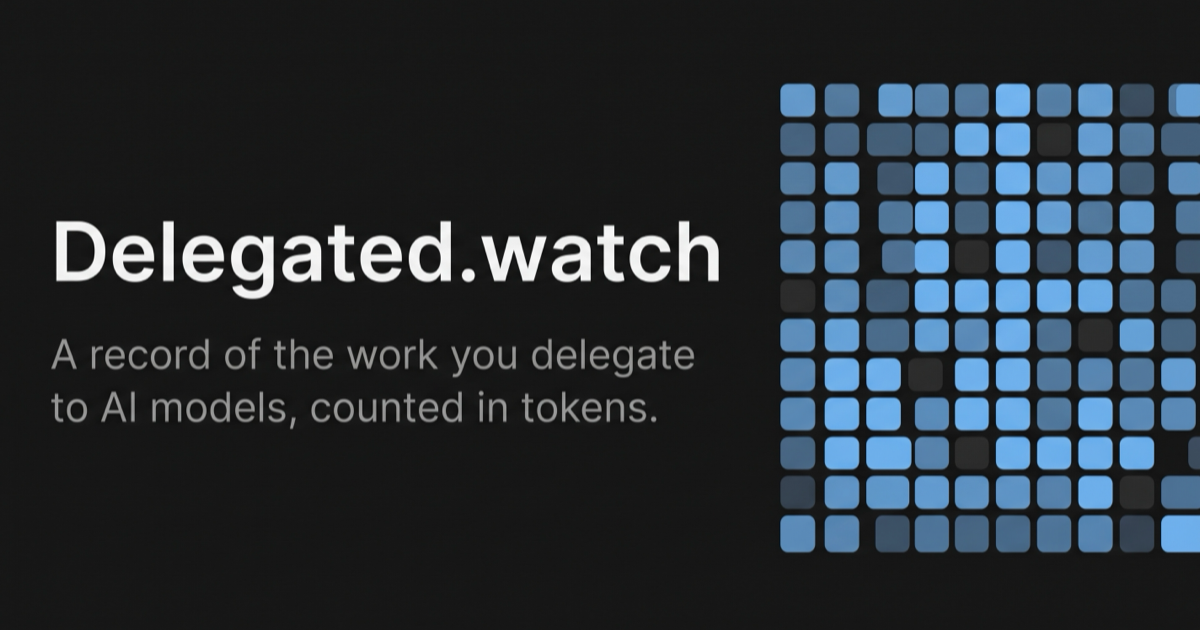 The Delegated.watch wordmark beside a calendar heatmap of blue cells at varying intensity, with scattered dark cells where no record exists.